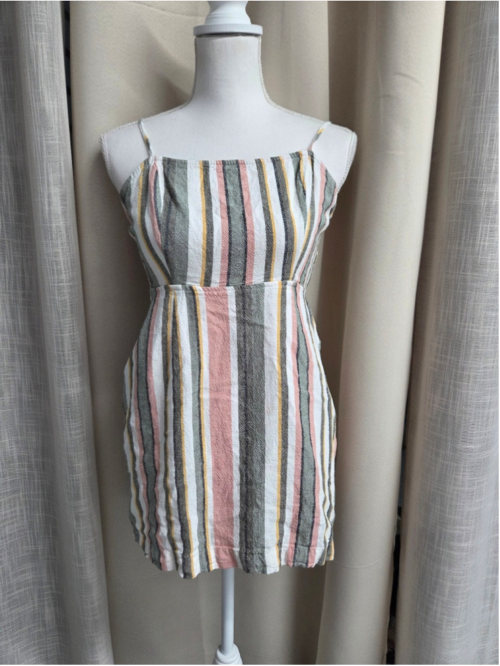 Multi-striped Square-neck Mini Dress M Coastal Grandma Cottagecore Earthtone